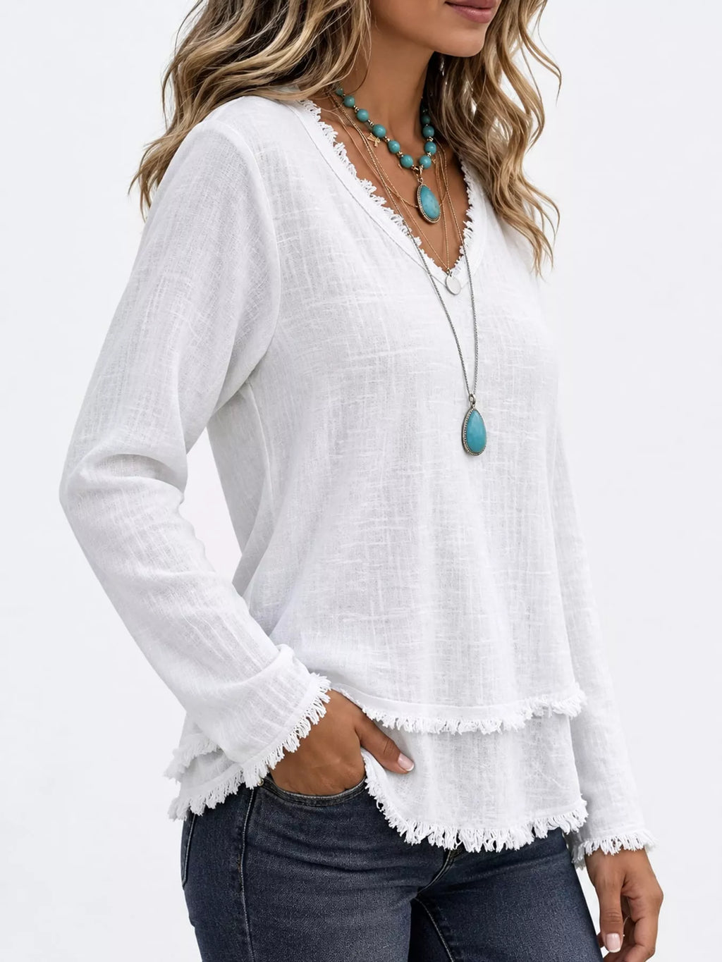 Full Size Frayed Hem V-Neck Long Sleeve Blouse Plus Size