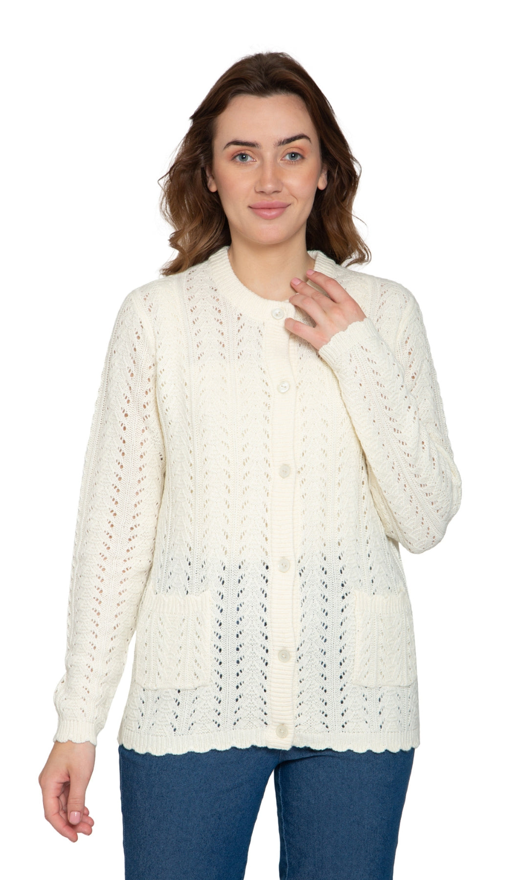 Women's Button Front Crochet Pointelle Cardigan with Pockets