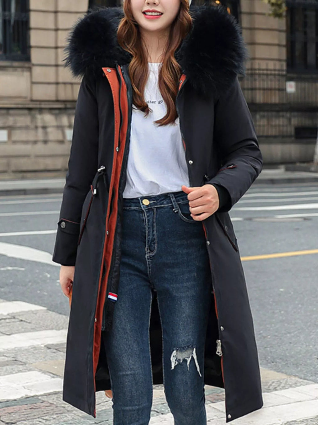 Detachable Longline Hooded Parka with Faux Fur Trim and Drawstring Waist
