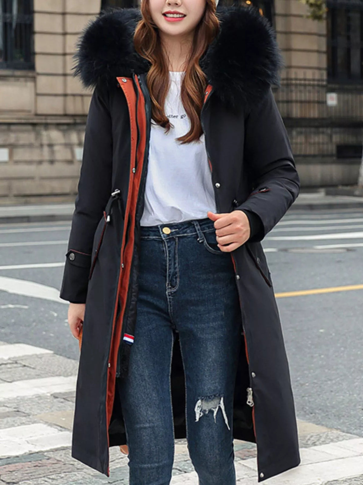 Detachable Longline Hooded Parka with Faux Fur Trim and Drawstring Waist