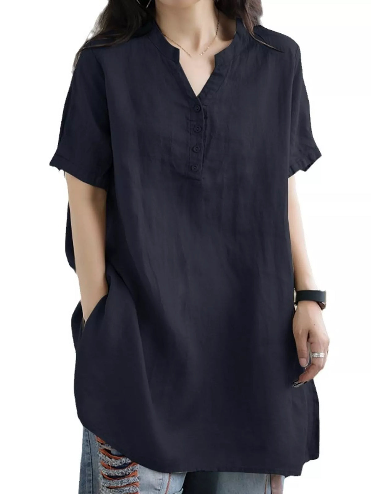 Full Size Notched Short Sleeve Oversize Blouse Plus Size