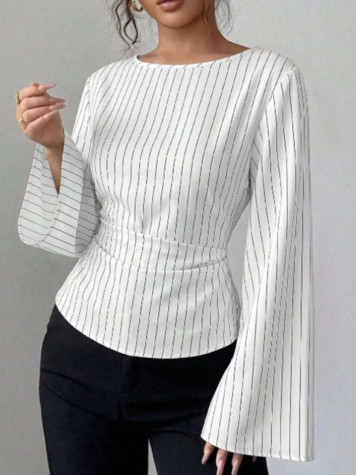 Elegant Pinstriped Bell Sleeve Blouse with Back Lace Up