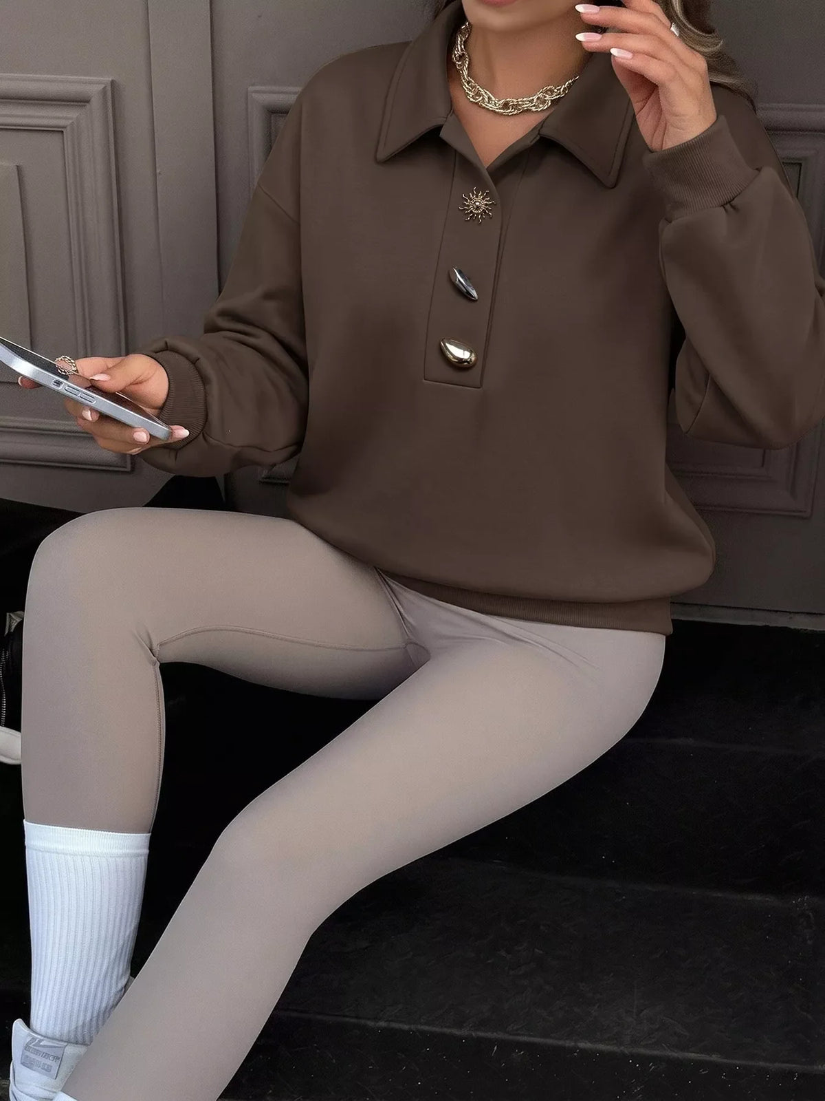 Polo Collar Dropped Shoulder Sweatshirt
