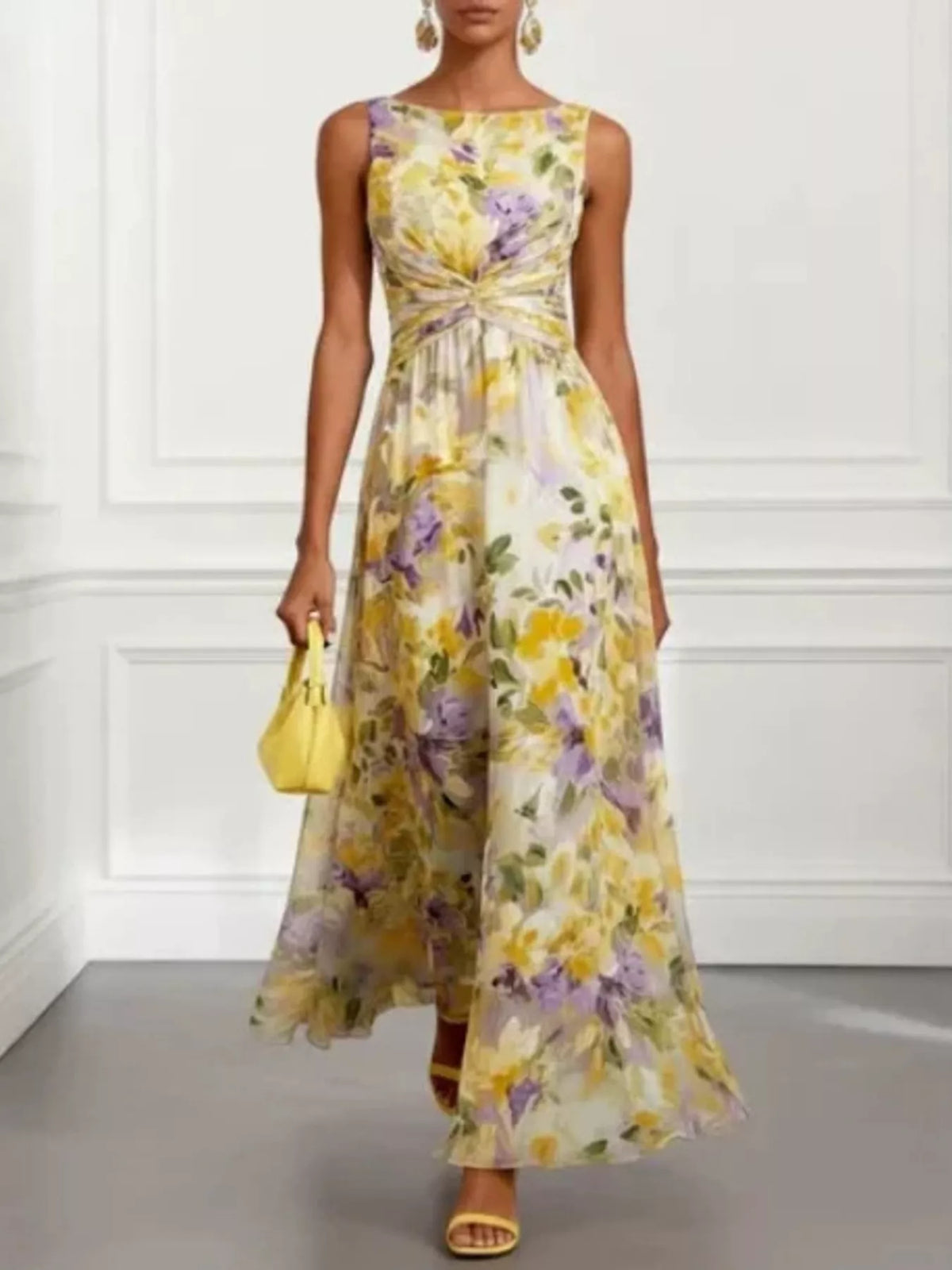 Floral Print Sleeveless Twist-Front Maxi Dress