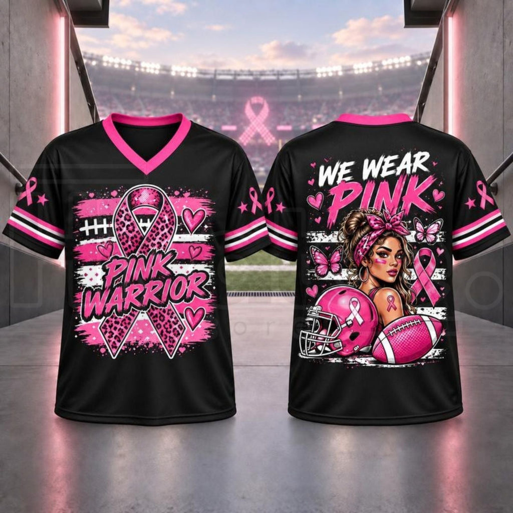 Breast Cancer Awareness Football Jersey – Pink Ribbon V-Neck Game Day Top