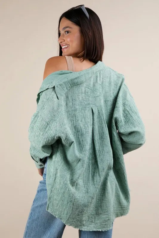 VERY J Mineral Washed Gauze Button Down Shirt