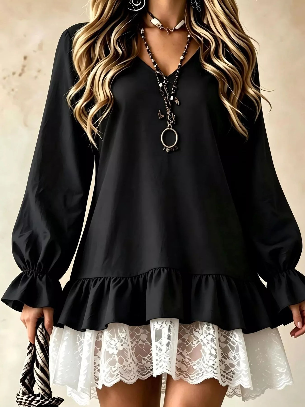 V-Neck Long Sleeve Ruffle Hem Lace Trim Mini Dress