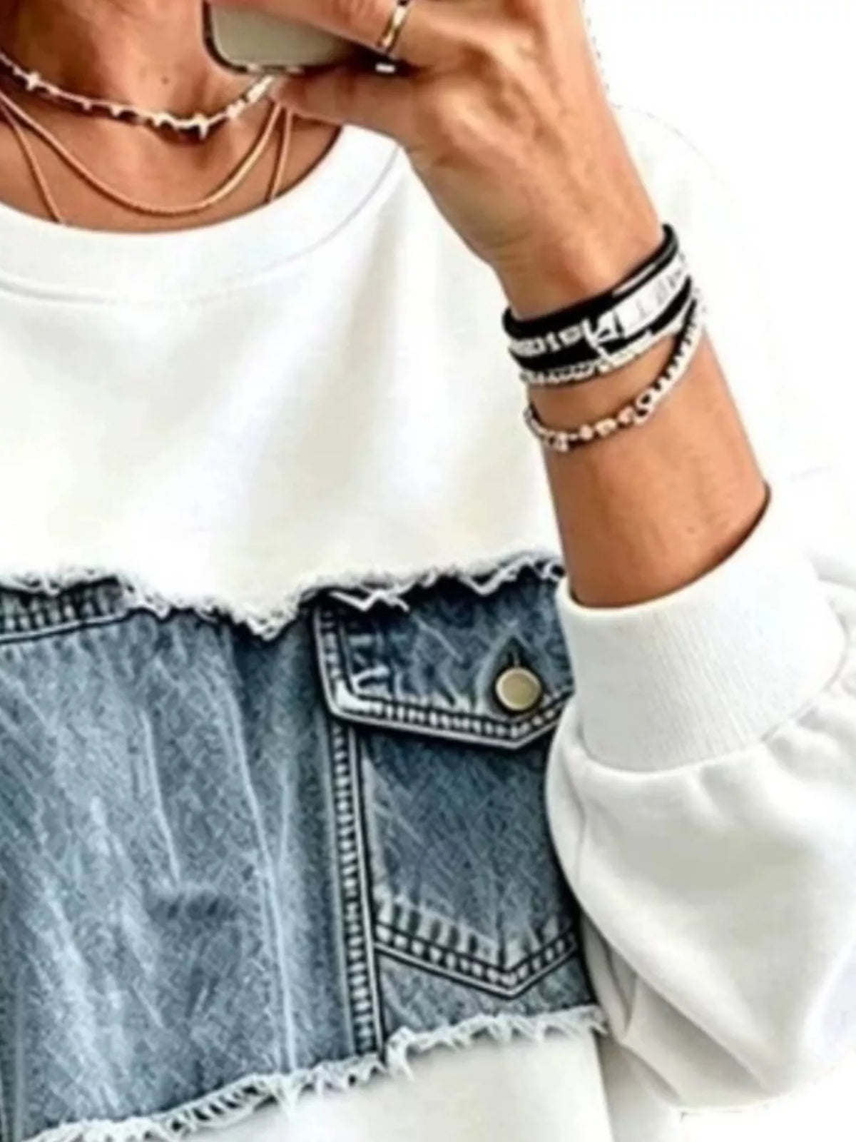 Full Size Denim Patchwork Dropped Shoulder Sweatshirt Plus Size