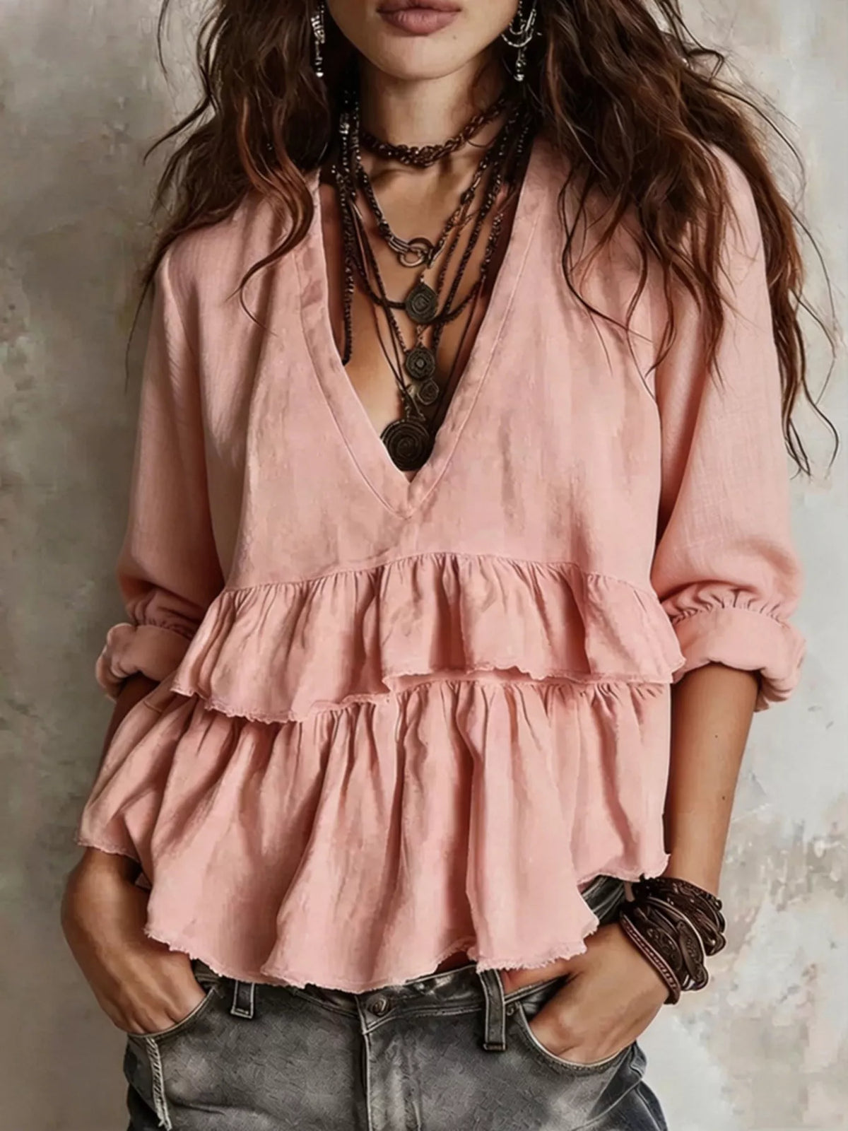 Full Size Ruffled Hem V-Neck Blouse Plus Size