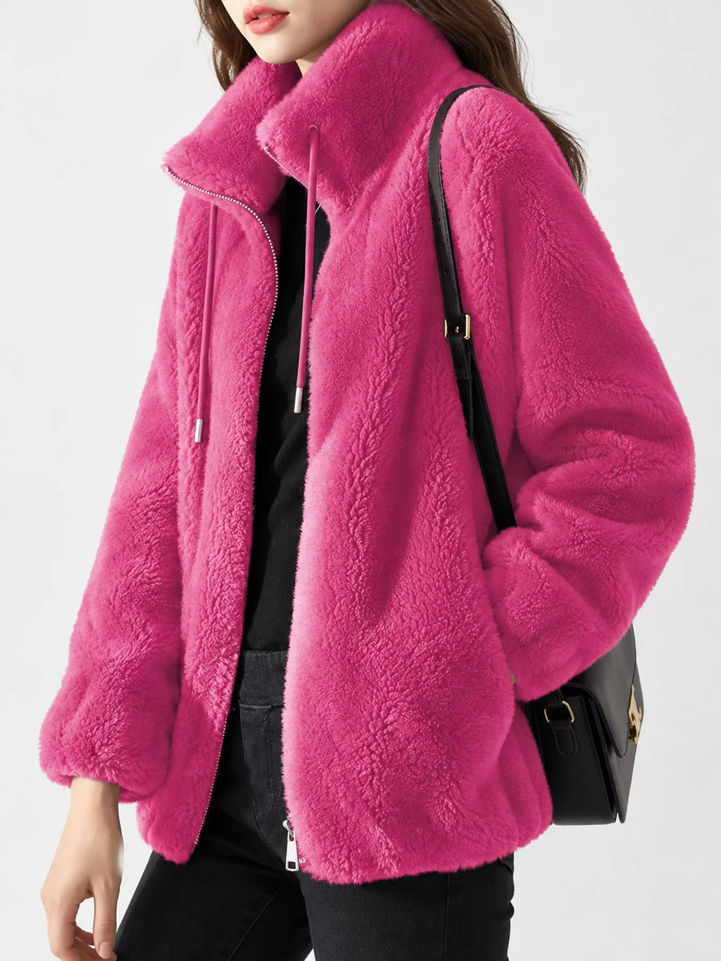 Full Size Drawstring Faux Fur Stand-Collar Zip-Up Outerwear Plus Size