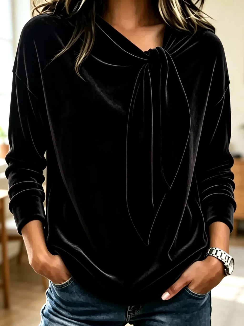 Velvet Tie Front Long Sleeve Sweatshirt