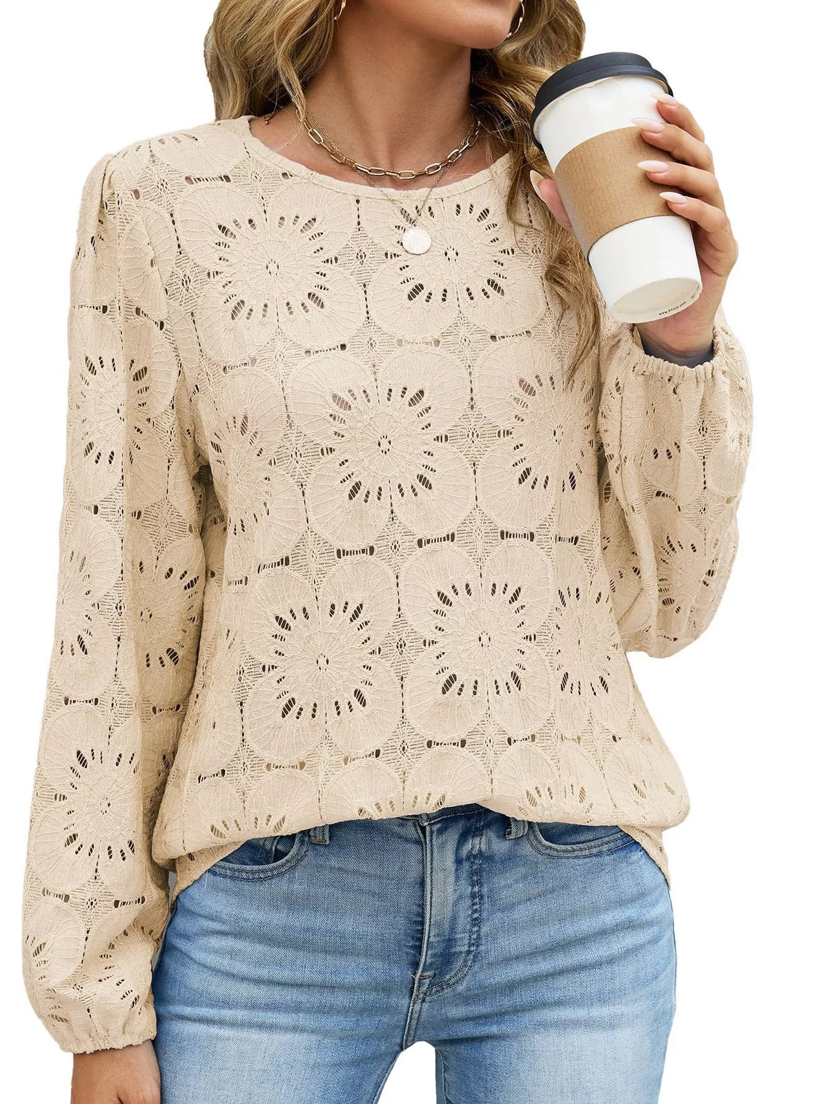 Floral Eyelet Lace Long Sleeve Blouse
