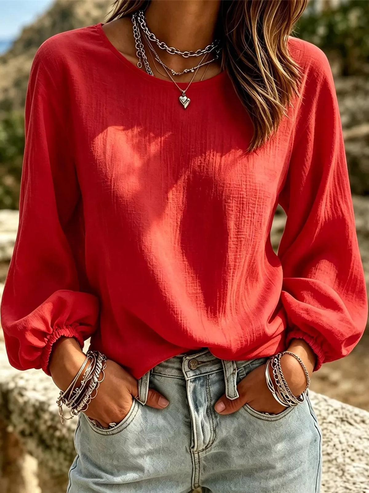 Full Size Elasticated Cuffs Long Sleeve Blouse Plus Size