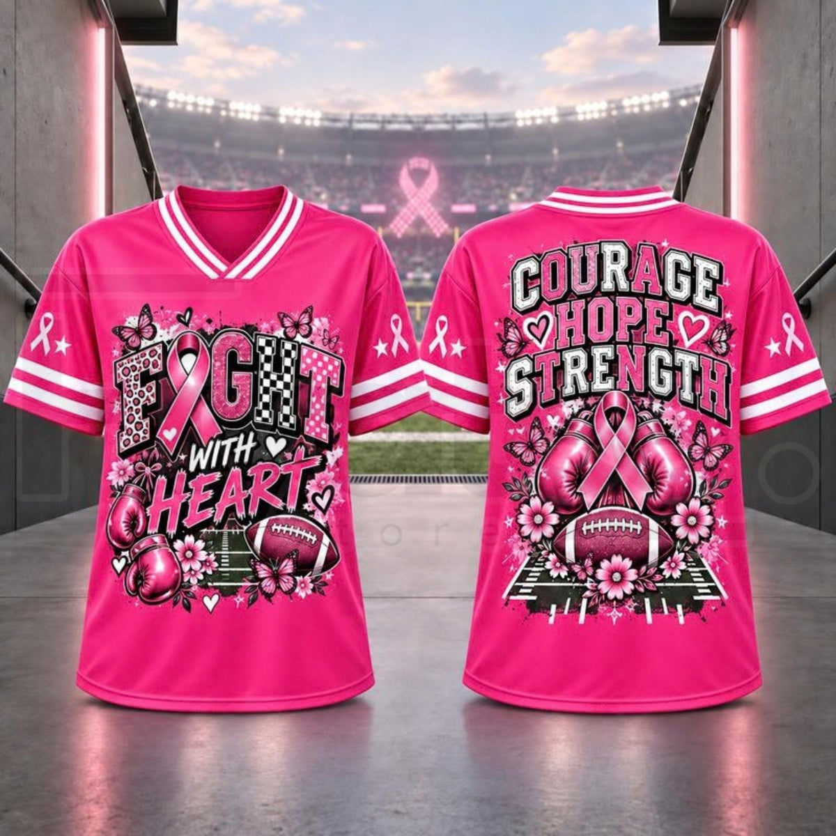 Breast Cancer Awareness Football Jersey – Pink Ribbon V-Neck Game Day Top