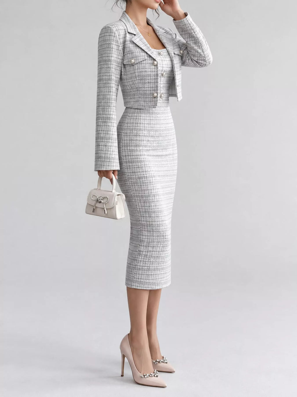 Tweed Square Neck Dress and Cardigan Set