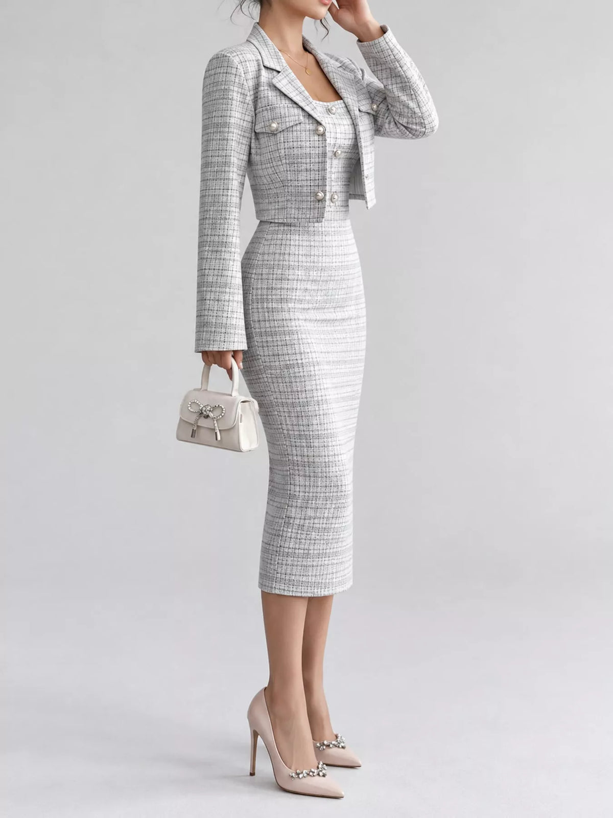 Tweed Square Neck Dress and Cardigan Set