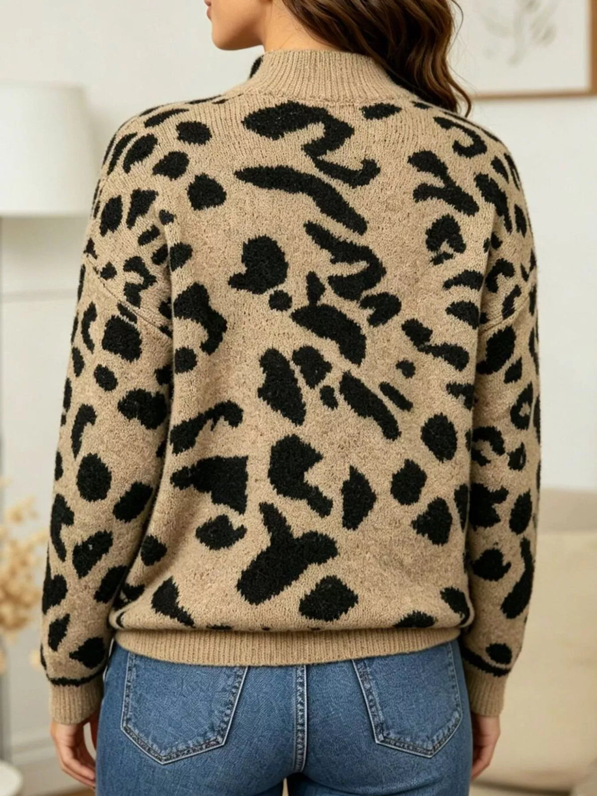 Leopard Print Mock Neck Knit Sweater