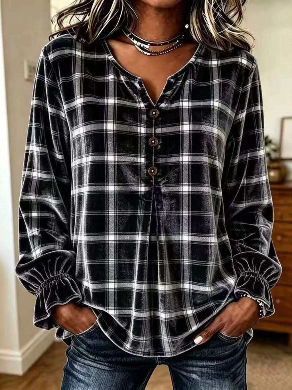 Full Size Plaid Velvet Flounce Sleeve Blouse Plus Size
