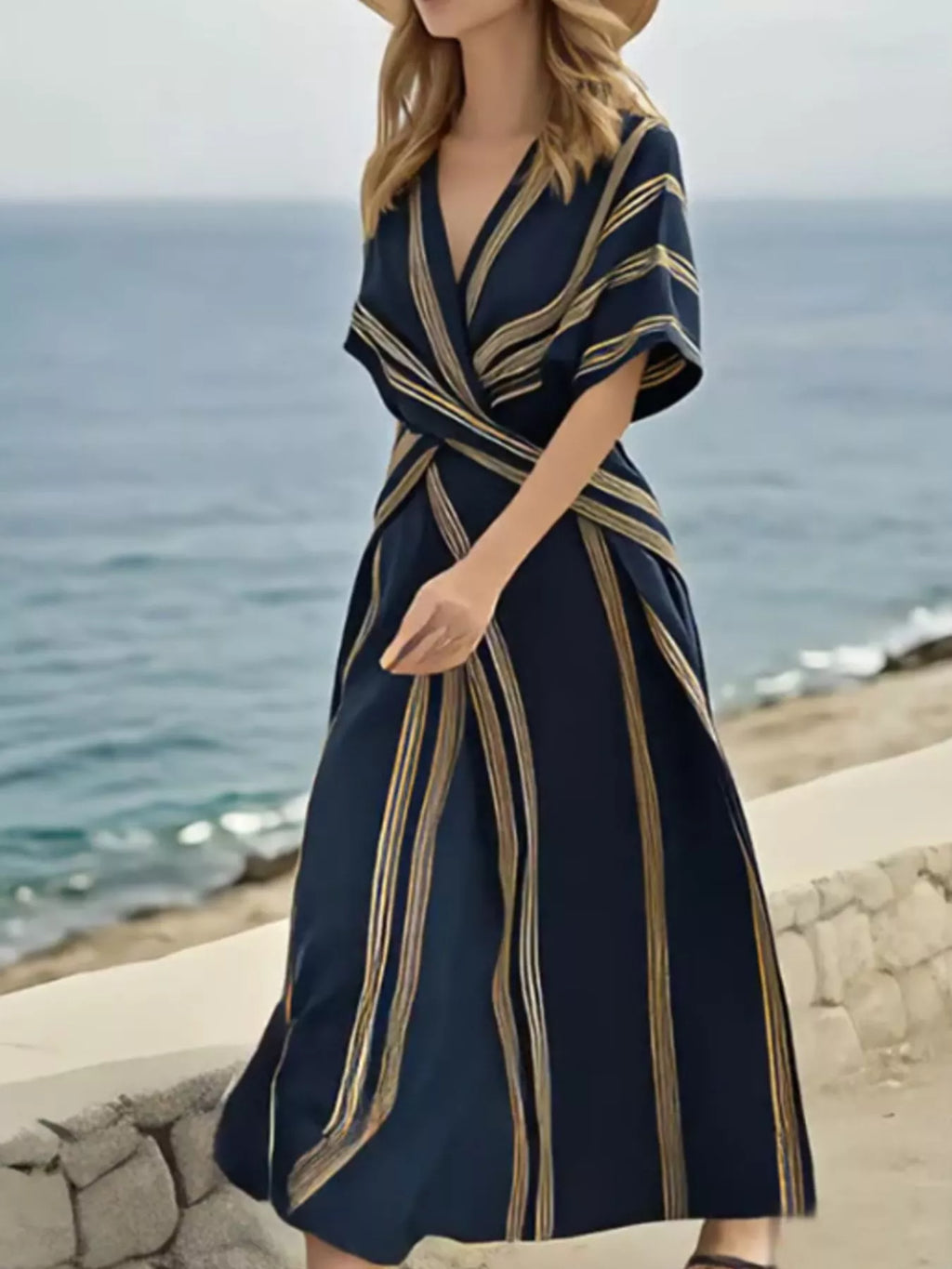 Full Size Striped Surplice Half Sleeve Midi Dress Plus Size