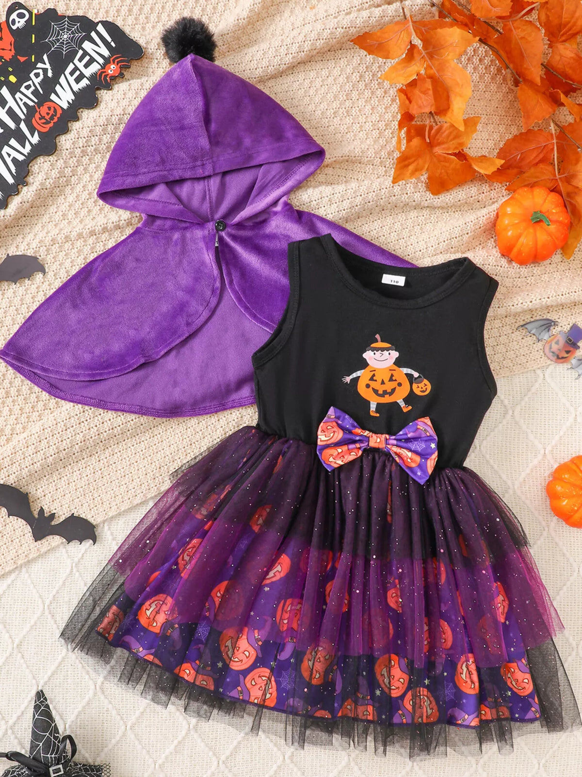 Children's Halloween Hooded Cape and Printed Dress Witch Costume Set
