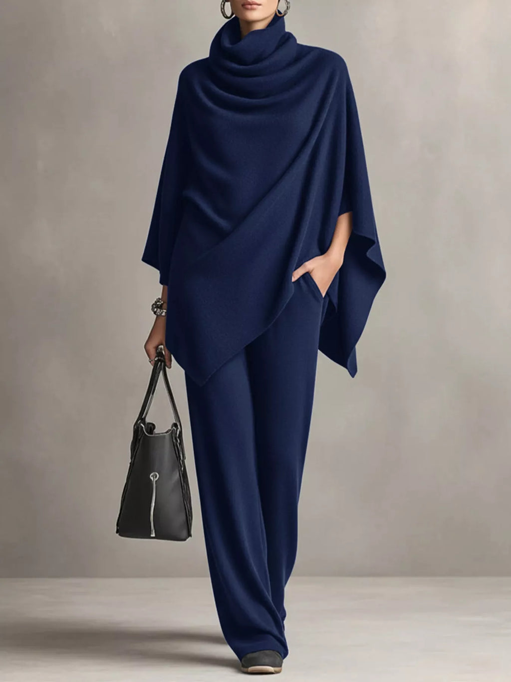 Full Size Turtleneck Poncho and Wide-Leg Pants Set Plus Size