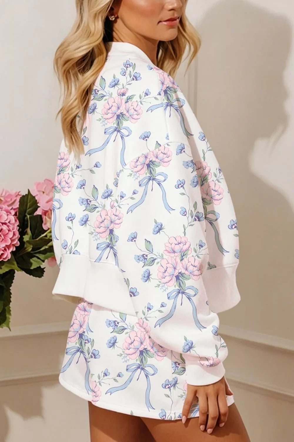 Floral Print Long Sleeve Top Elastic Waist Skort Two Piece Set