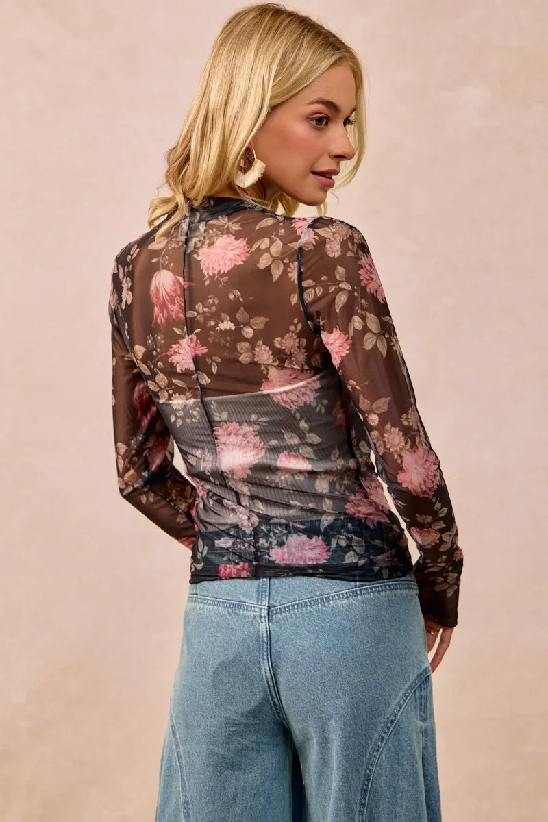 BiBi Flower Printed Mesh Lace Top with Thumb Opening
