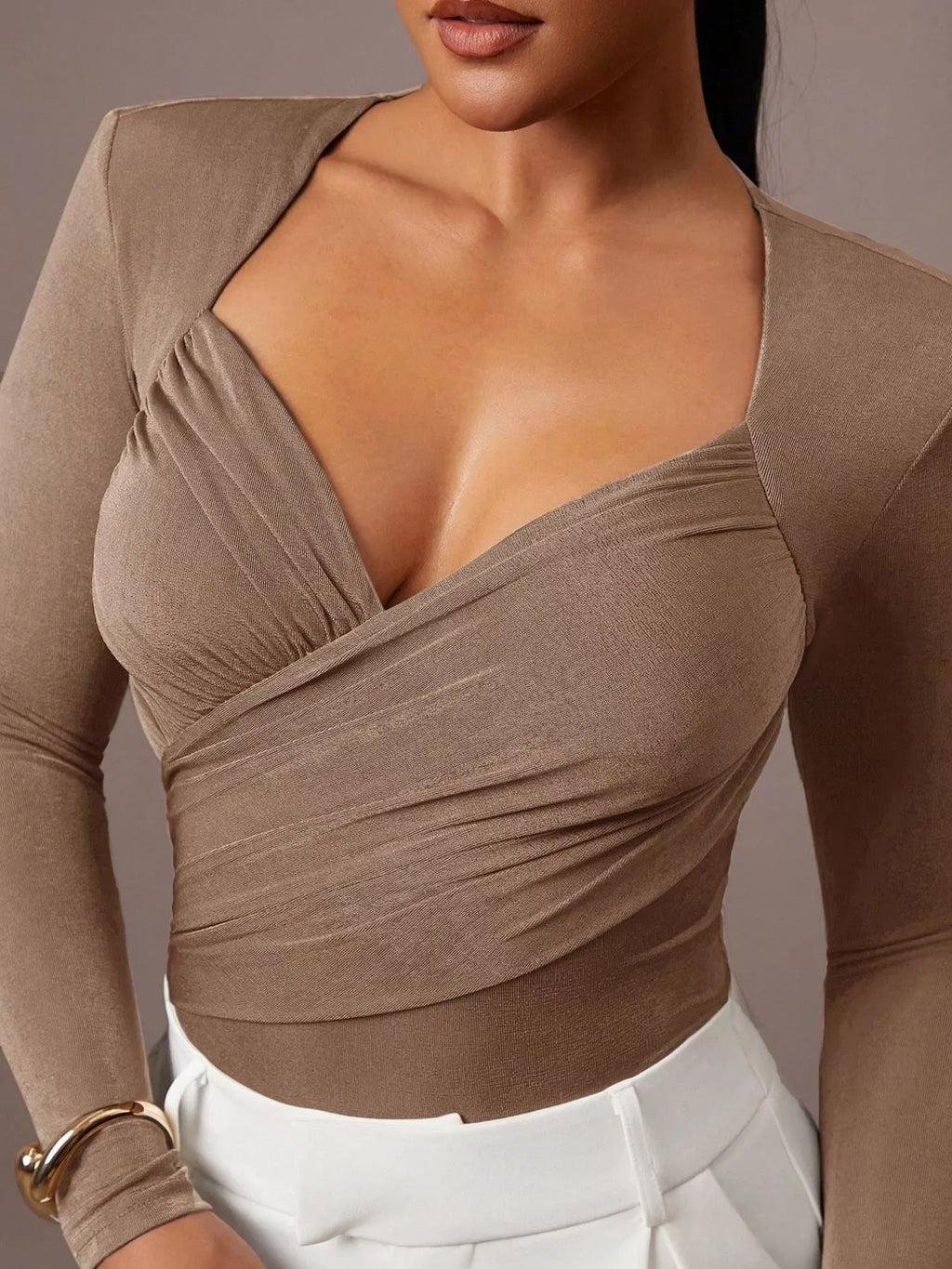 Ruched Surplice Long Sleeve Bodysuit
