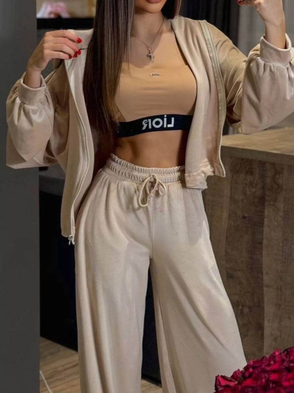 Zip Up Hoodie and Wide-Leg Pants Set