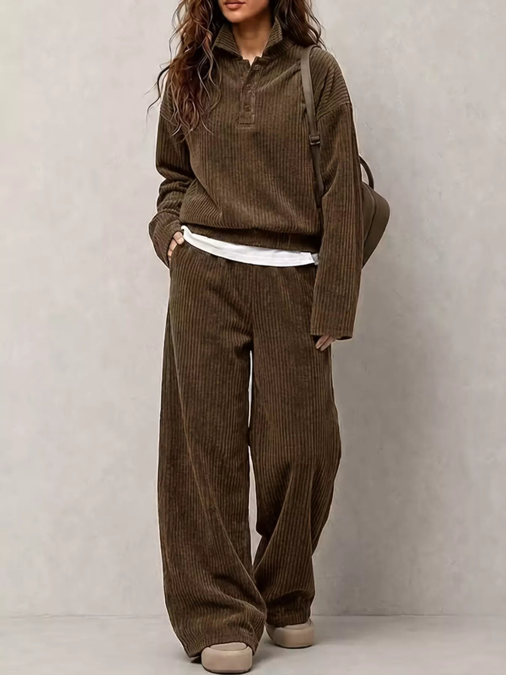 Corduroy Button Detail Top and Wide-Leg Pants Set