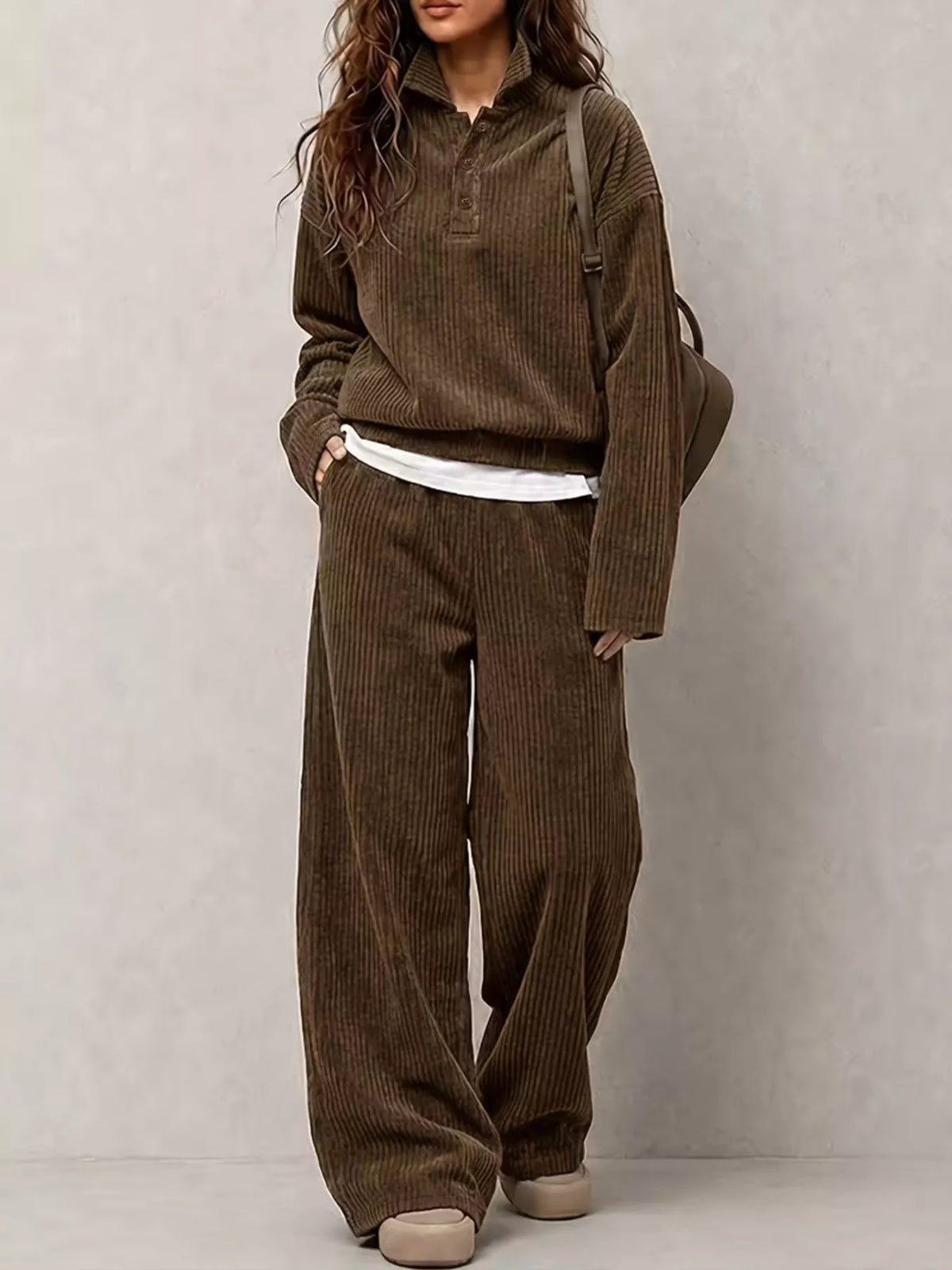 Corduroy Button Detail Top and Wide-Leg Pants Set