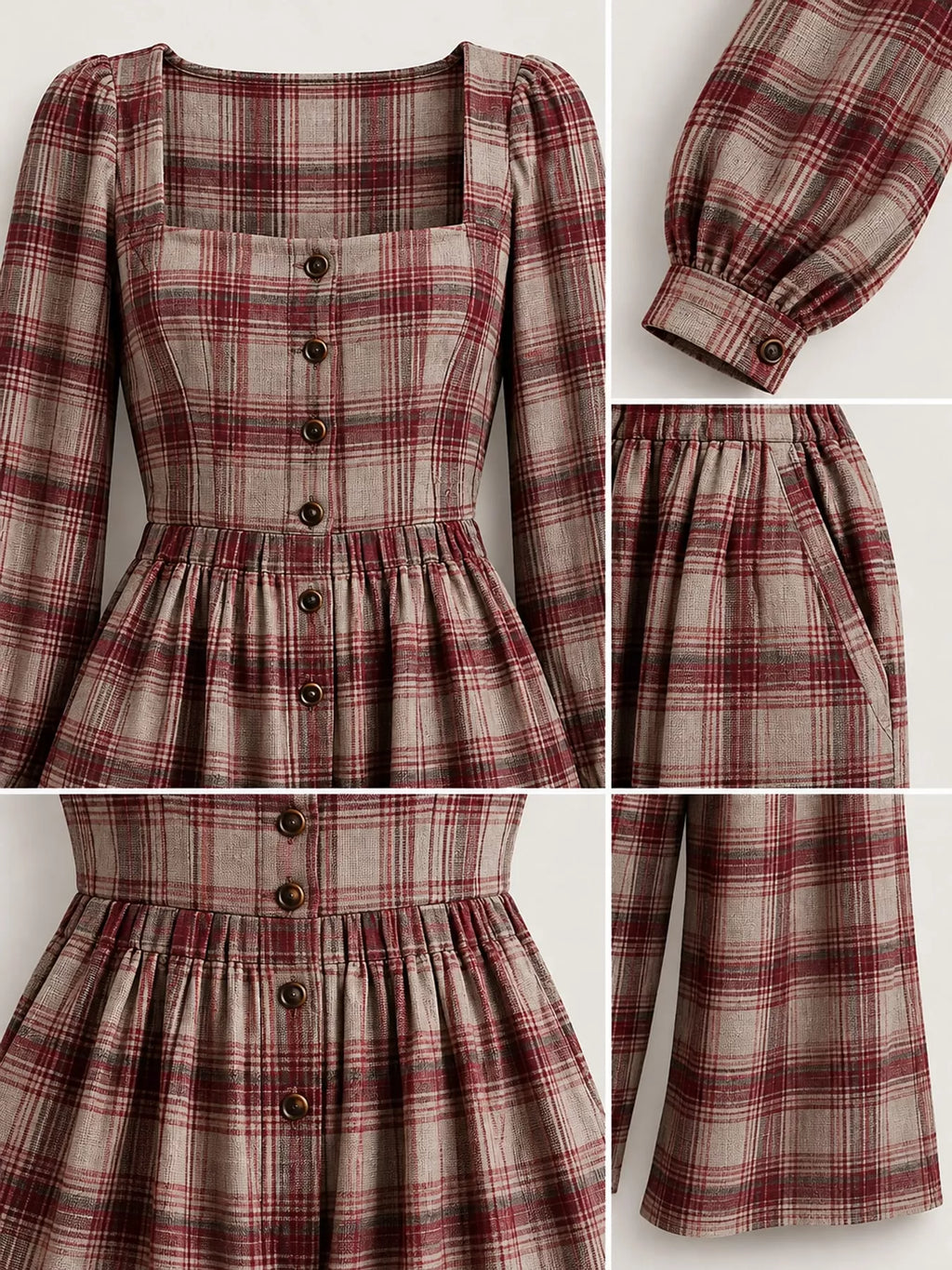 Plaid Square Neck Long Sleeve Wide-Leg Jumpsuit
