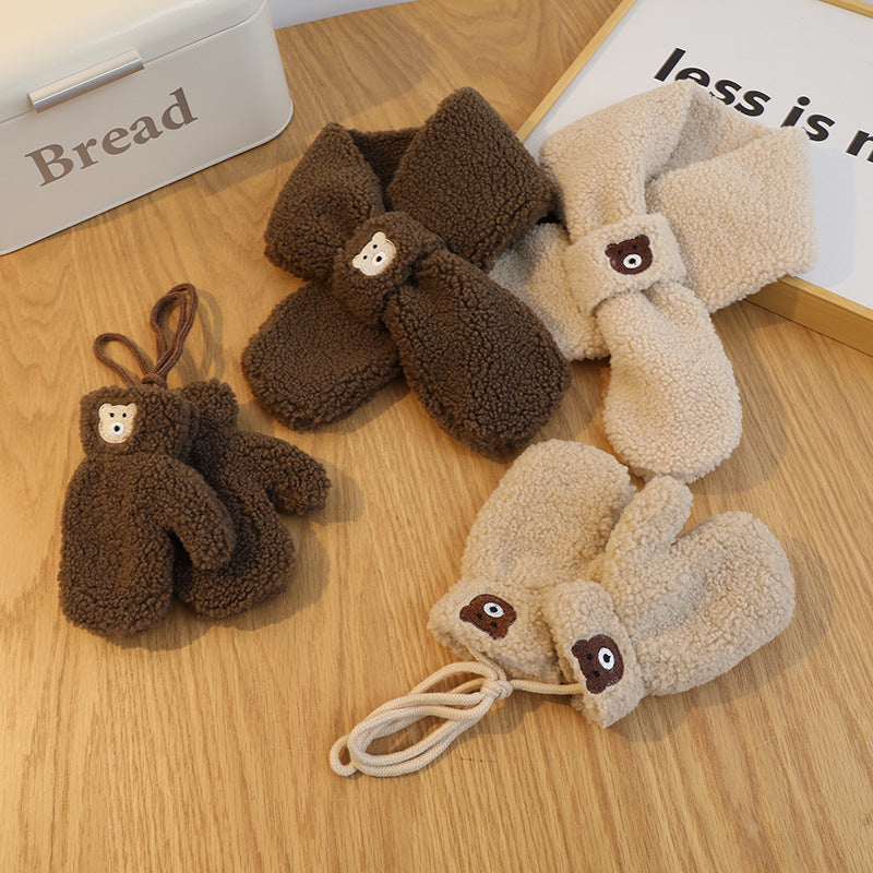 Korean Solid Color Bear Children's Gloves Set Autumn And Winter