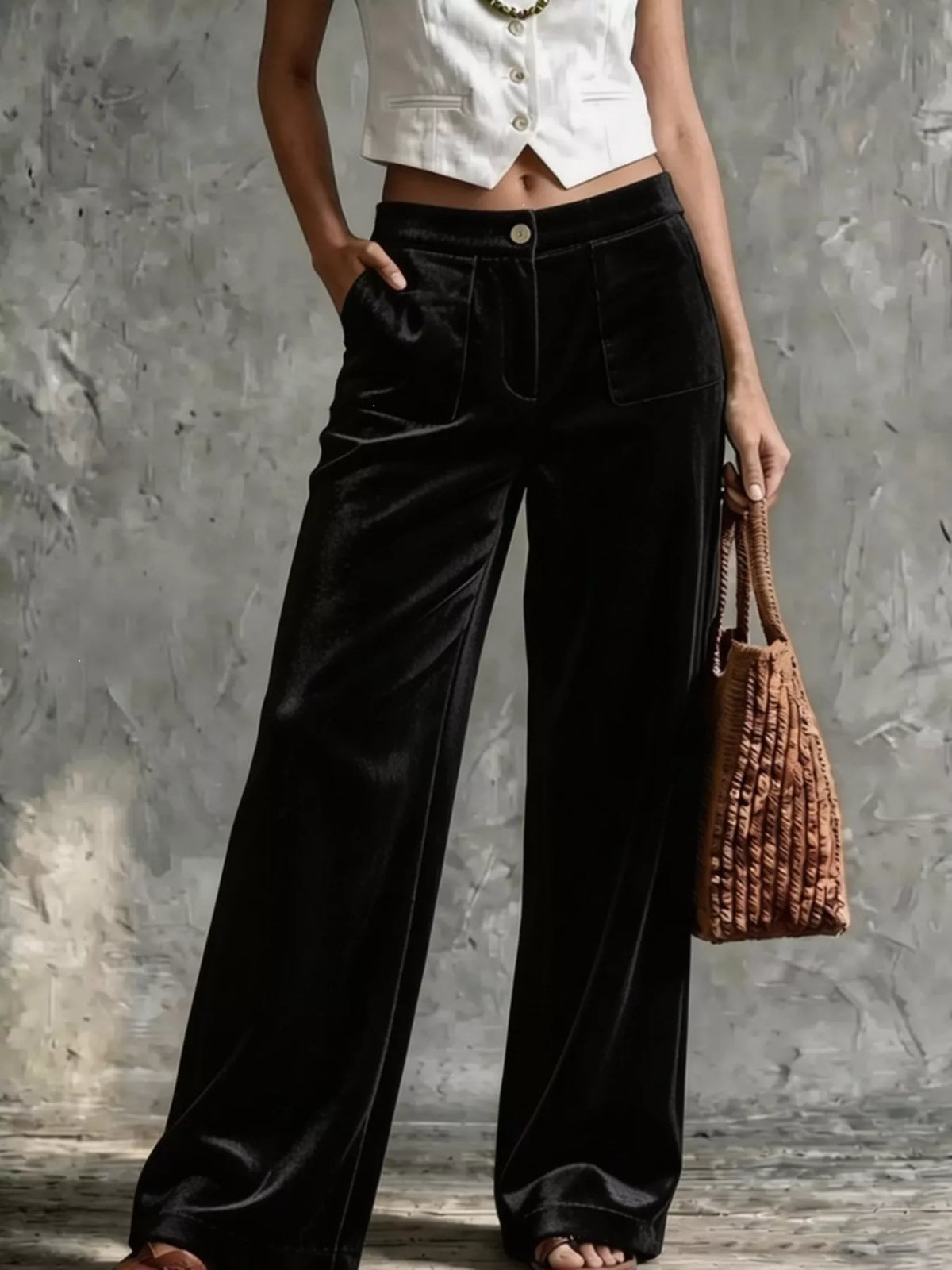 Full Size High-Waisted Wide-Leg Velvet Pants with Front Pockets Plus Size