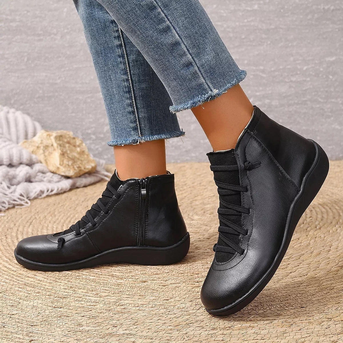 Lace-Up Faux Leather Ankle Boots