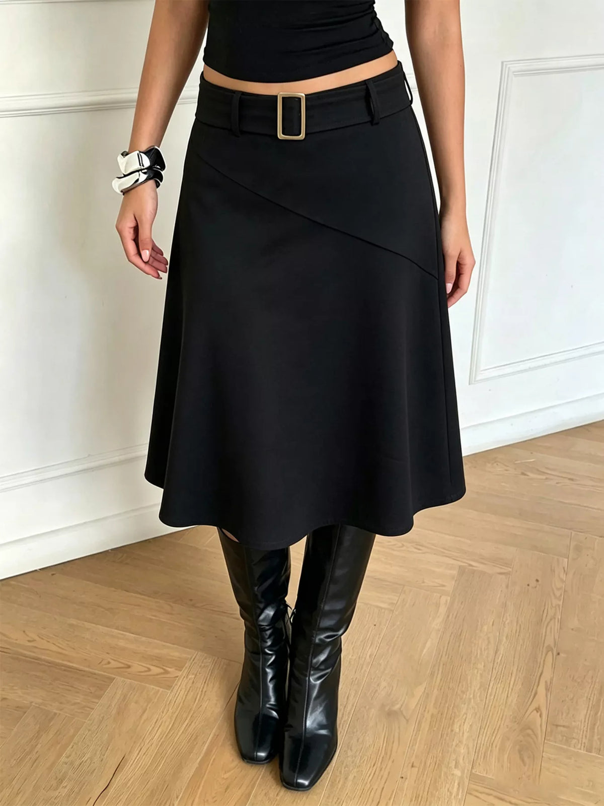 High-Waisted A-Line Midi Skirt with Belted Detail