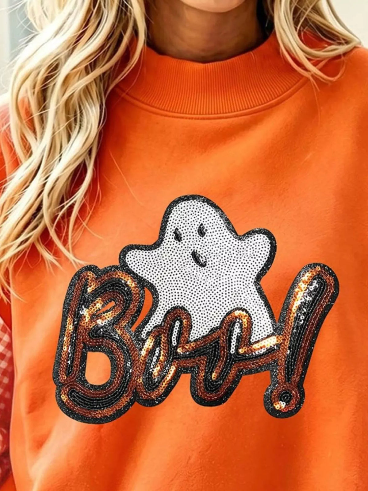 Boo Sequin Ghost Plaid Patchwork Sleeve Halloween Sweatshirt