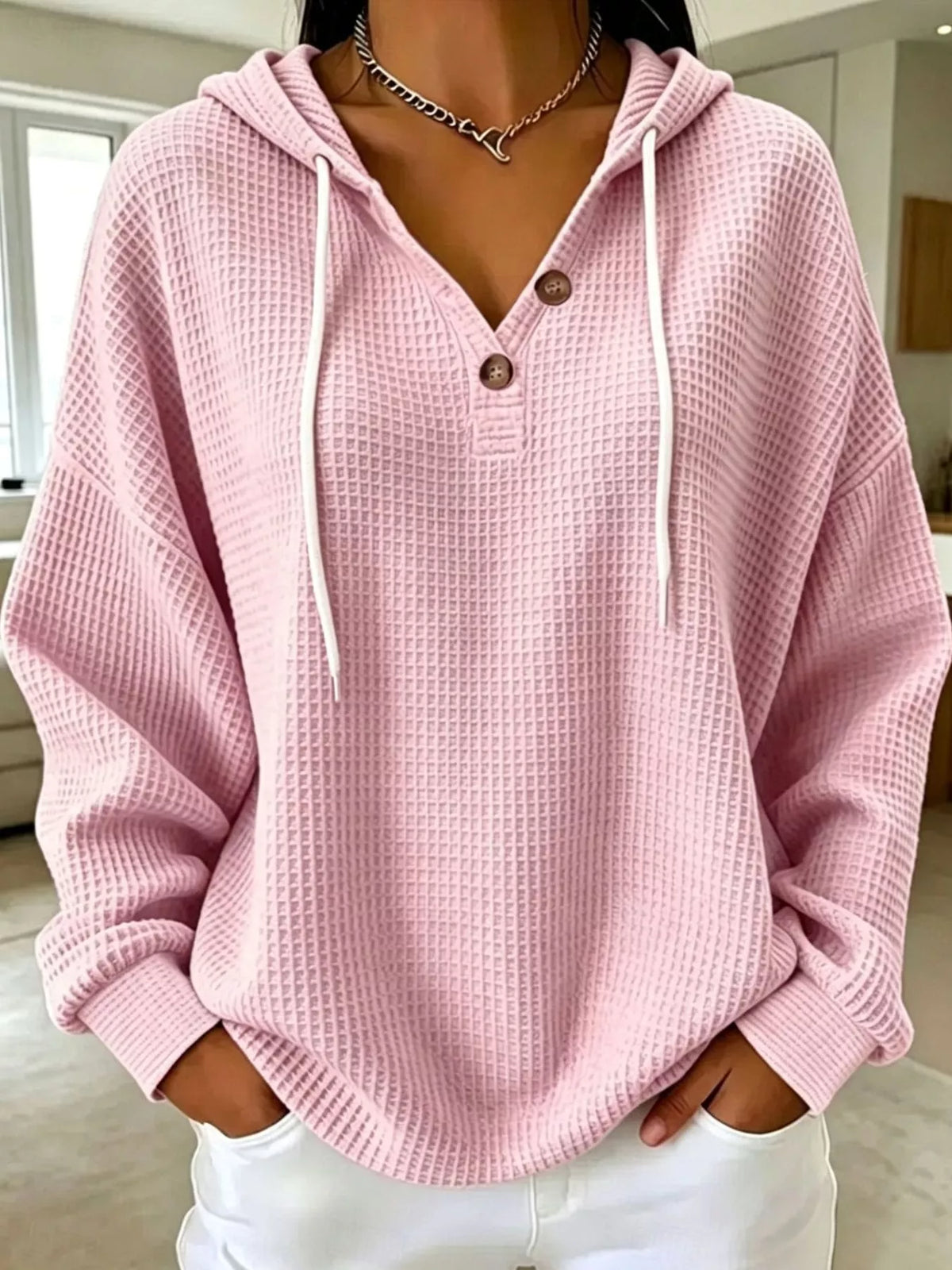Full Size Waffle Knit Button Detail Hoodie Plus Size