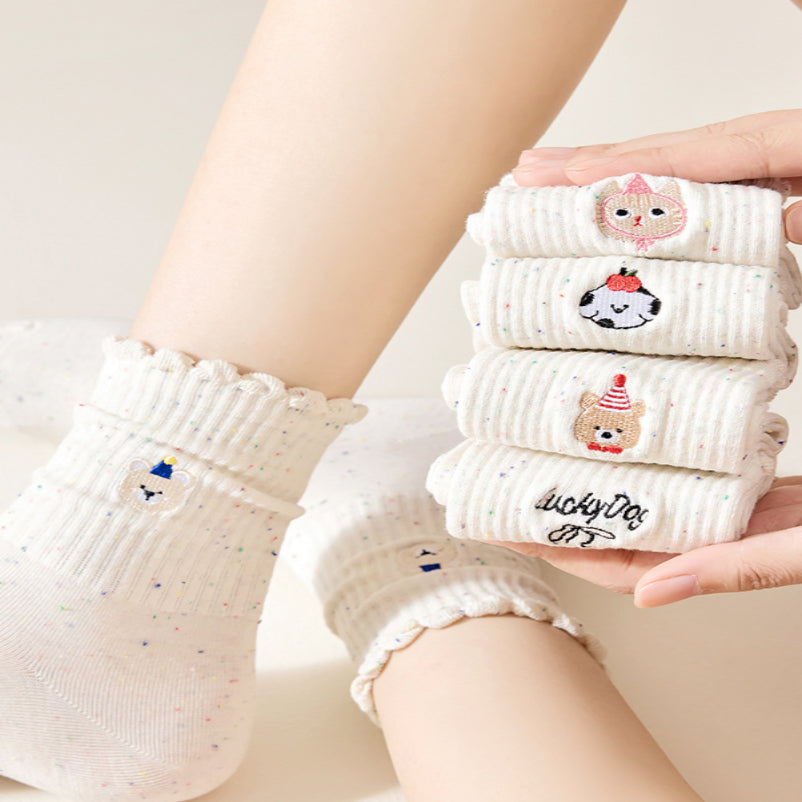 Embroidered Ruffle-ankle Socks For Women