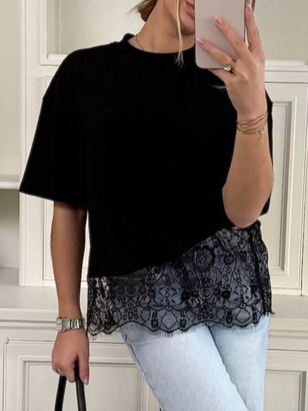 Lace Hem Short Sleeve Top
