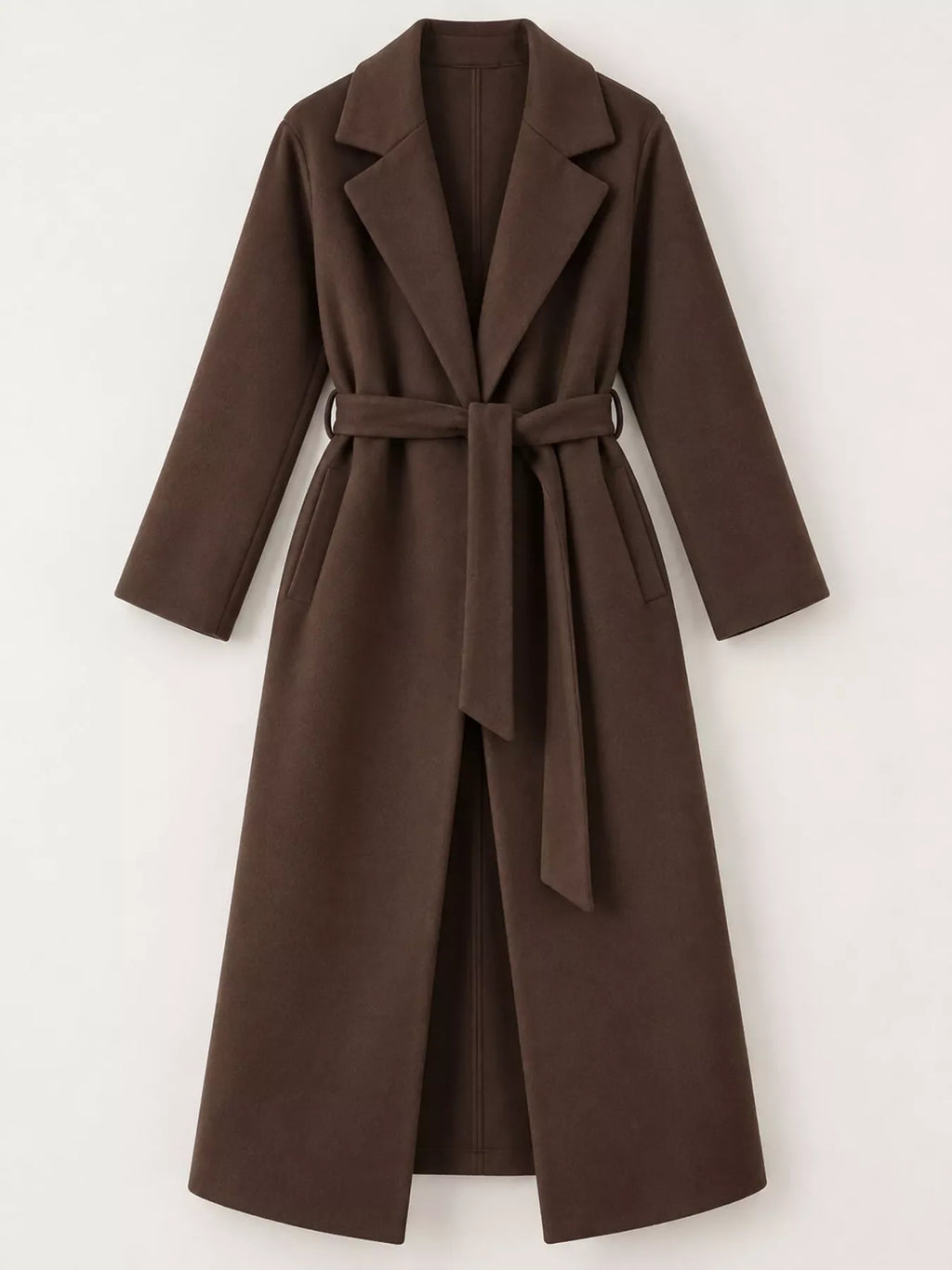 Lapel Collar Long Sleeve Belted Coat