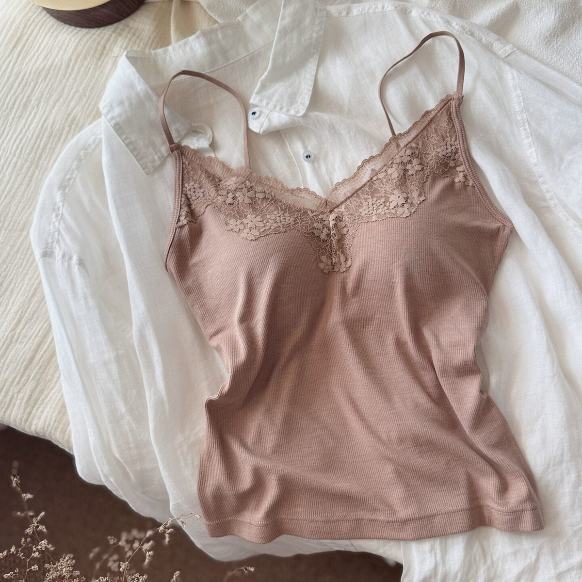 Modal Ribbed Lace Sexy Spaghetti-strapped Camisole Bra With Built-in Padding