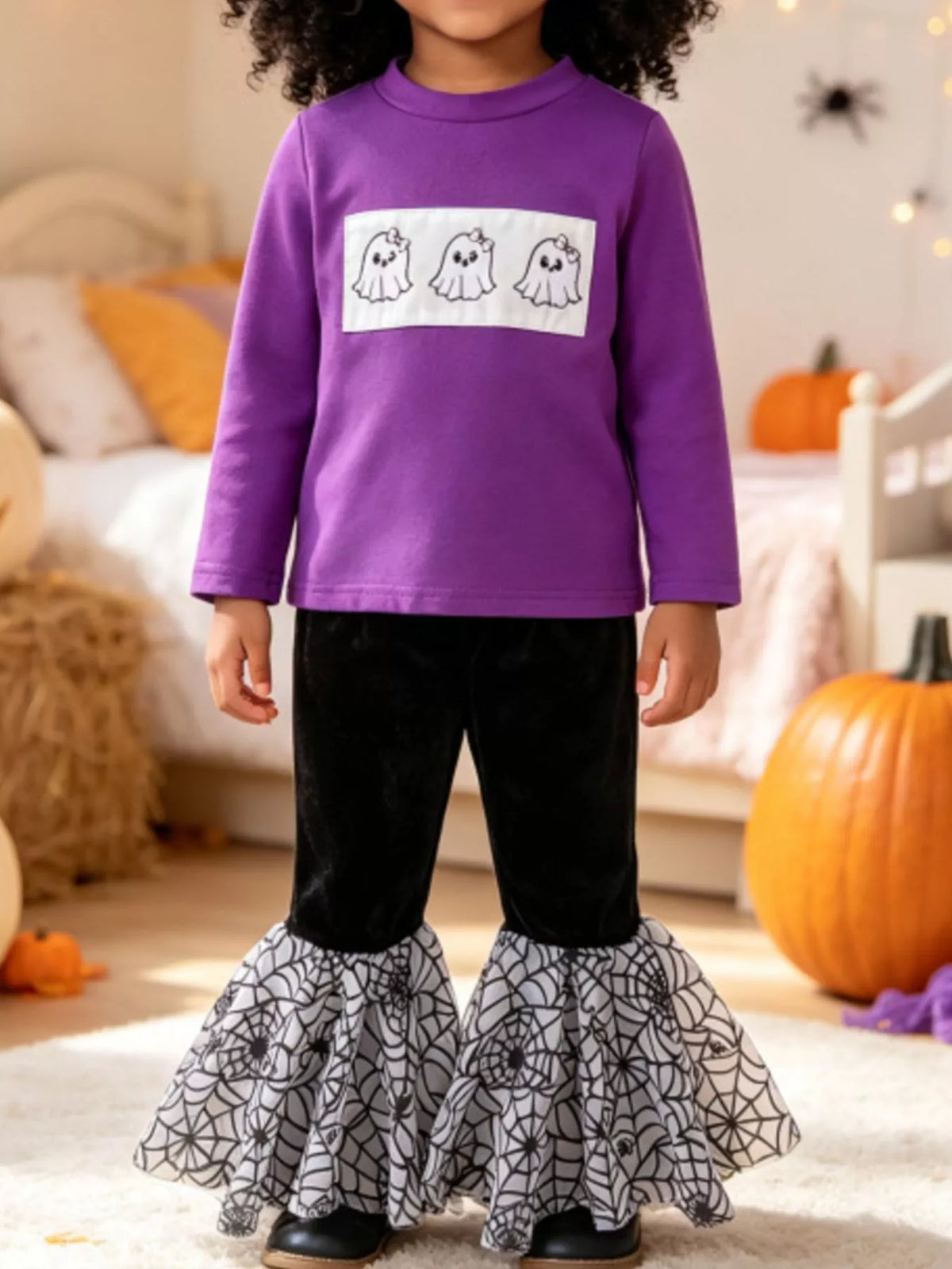 Children's Halloween Pumpkin Long Sleeve Top and Spiderweb Bell Bottom Set