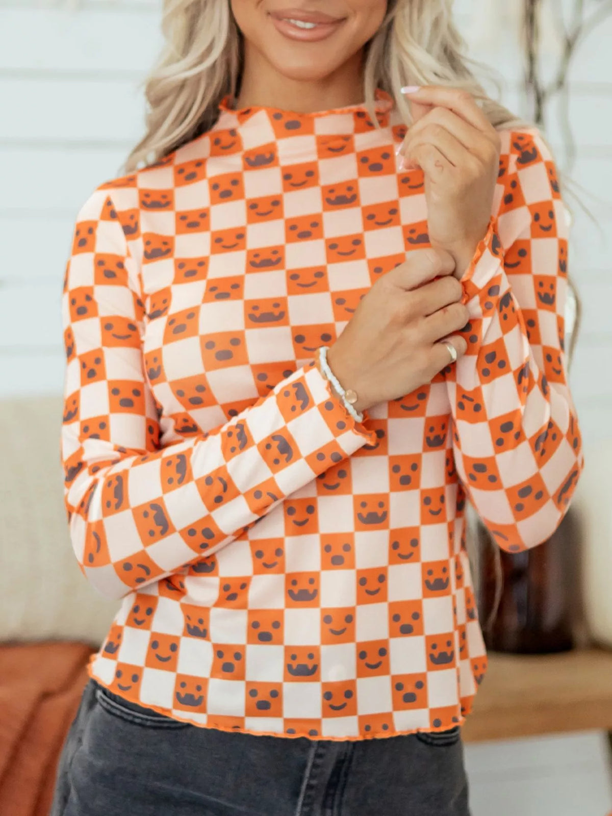 Abstract Halloween Pattern Long Sleeve Mock Neck Blouse