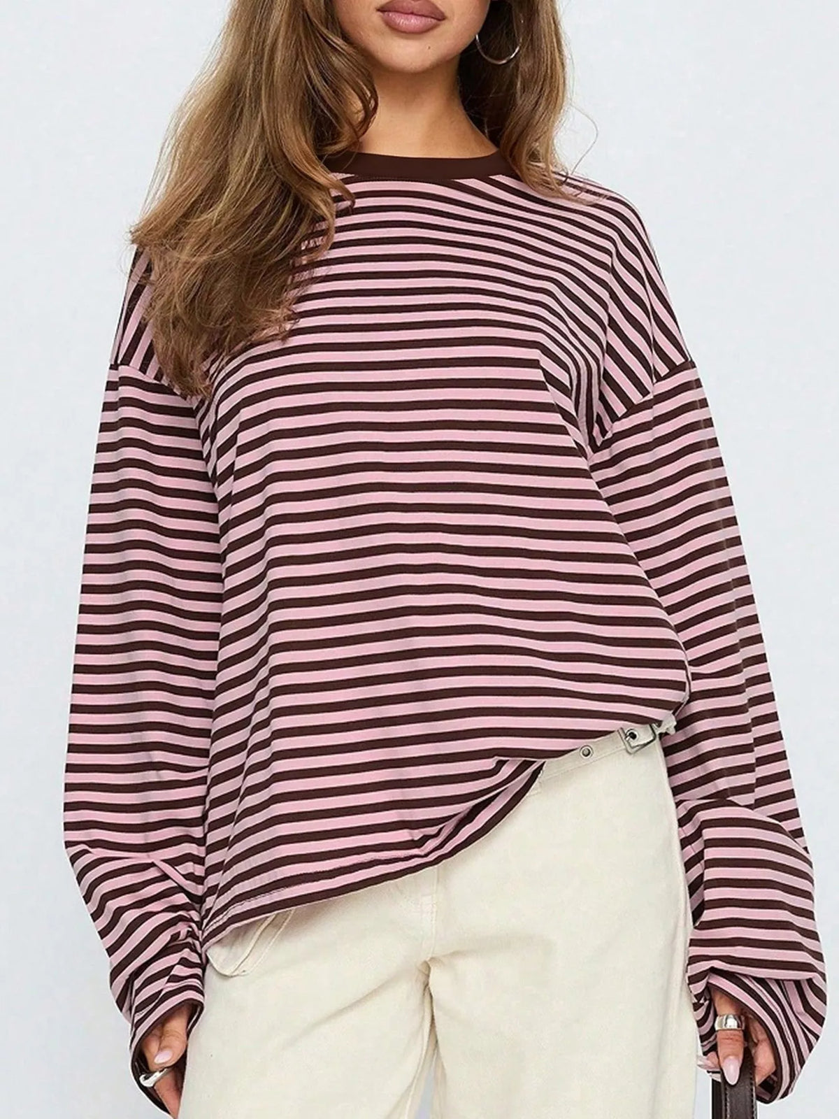 Full Size Casual Long-Sleeve Striped Crew Neck T-Shirt Plus Size