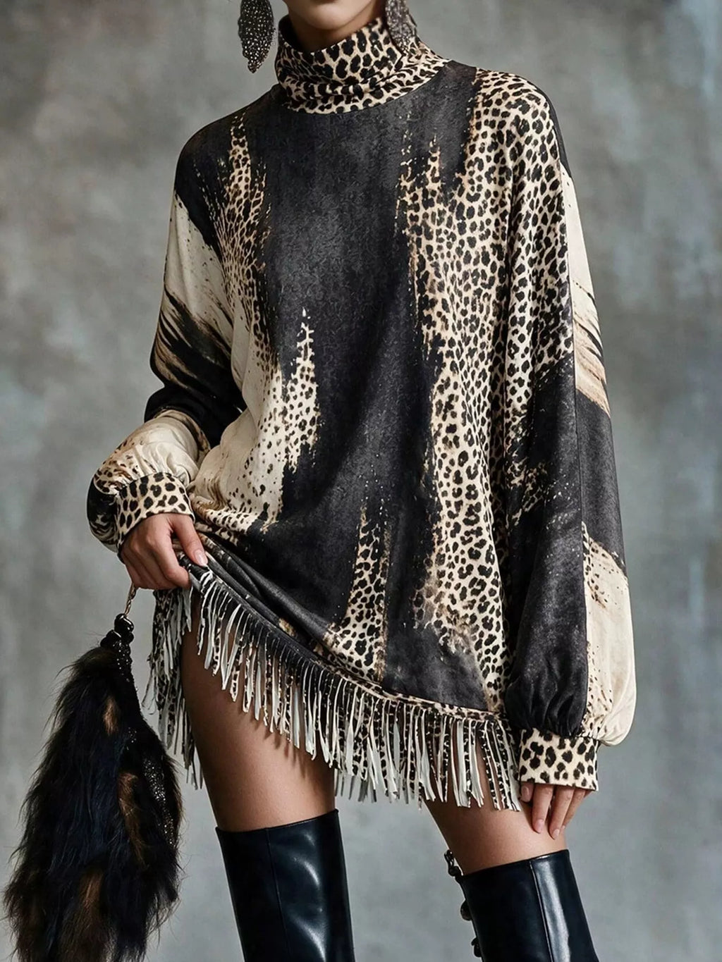 Leopard Print Mock Neck Fringe Hem Mini Dress