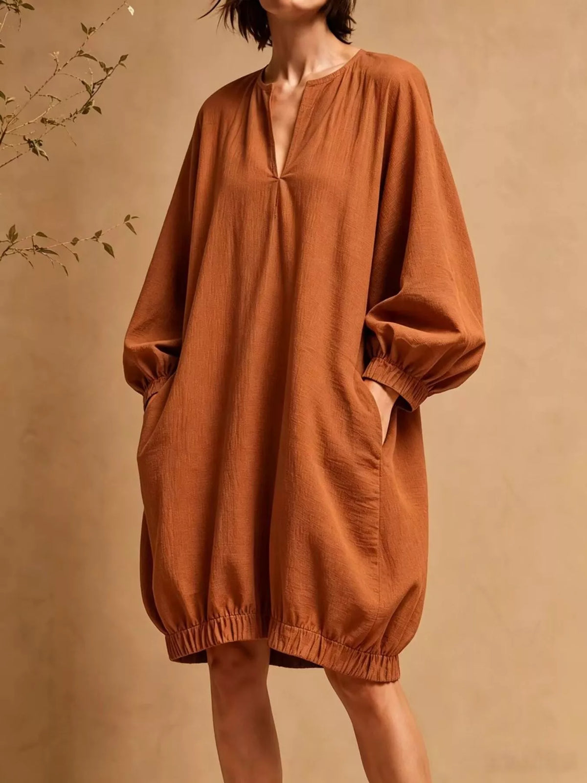 Casual Loose-Fit Balloon Sleeve Mini Dress with Pockets