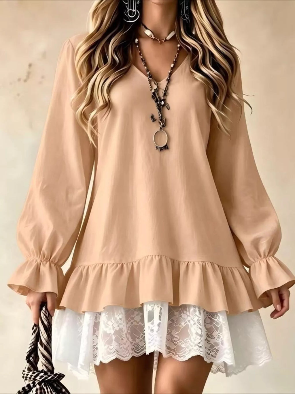 V-Neck Long Sleeve Ruffle Hem Lace Detail Dress