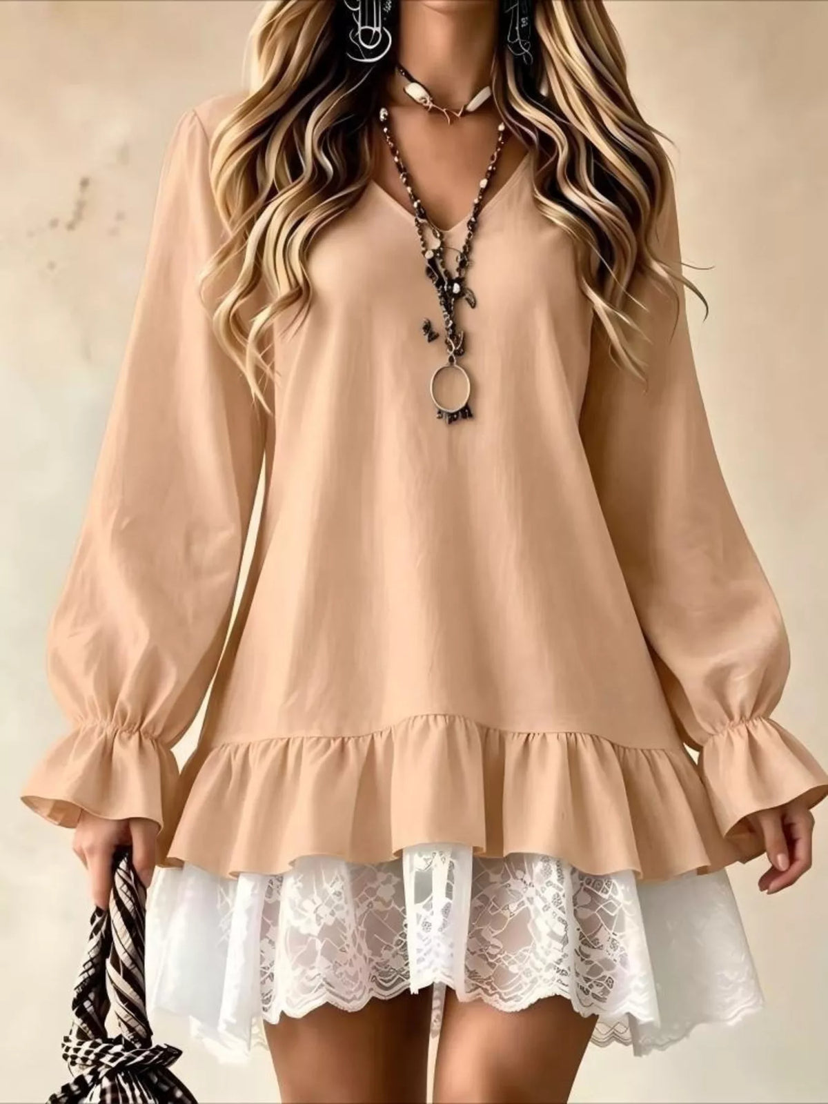 V-Neck Long Sleeve Ruffle Hem Lace Detail Dress