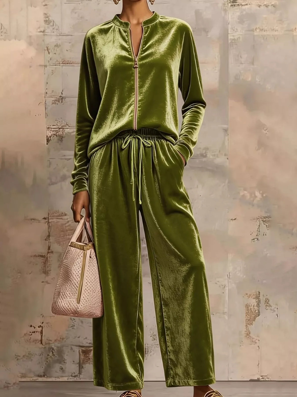 Velvet Zip-Up Top and Pants Set
